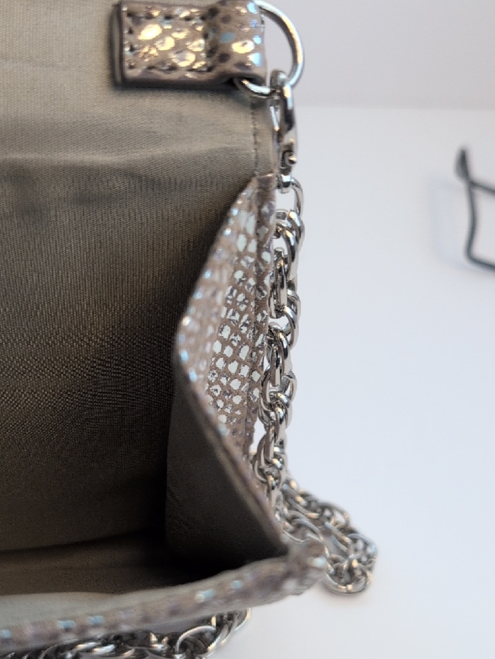 White House Black Market Silver Snake-Embossed Chain Clutch - Picture 9 of 14